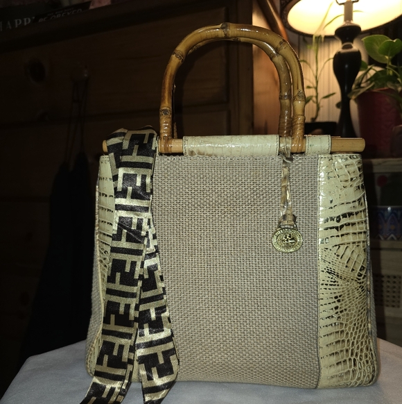 Brahmin Harbor Collection Tan Croc Embossed Medium Tote With Bamboo Handles - Picture 2 of 6